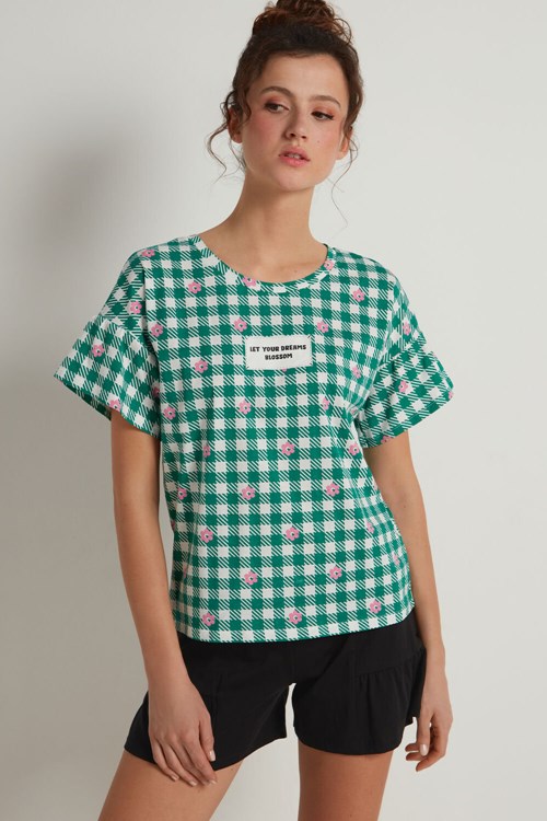 Green Milk White/Green Gingham Print 398v Tezenis Gingham Short Cotton Pajamas | 143672-OZH