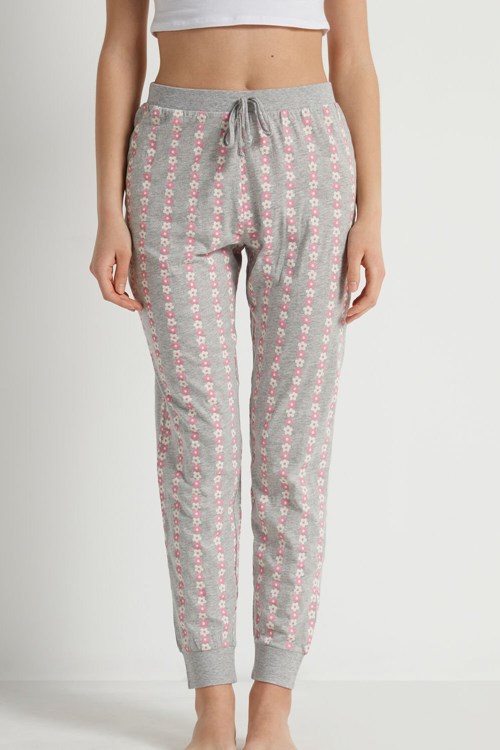 Grey Gray Floral Pinstripe Print 366v Tezenis Long Printed Drawstring Cotton Pants | 290578-WBC