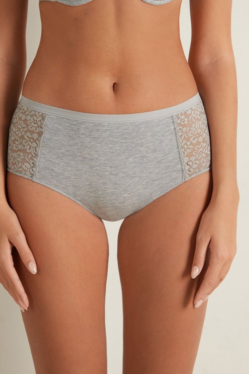 Grey Light Gray Heather 031 Tezenis Recycled Cotton and Lace High-Leg Panties | 370256-HQP