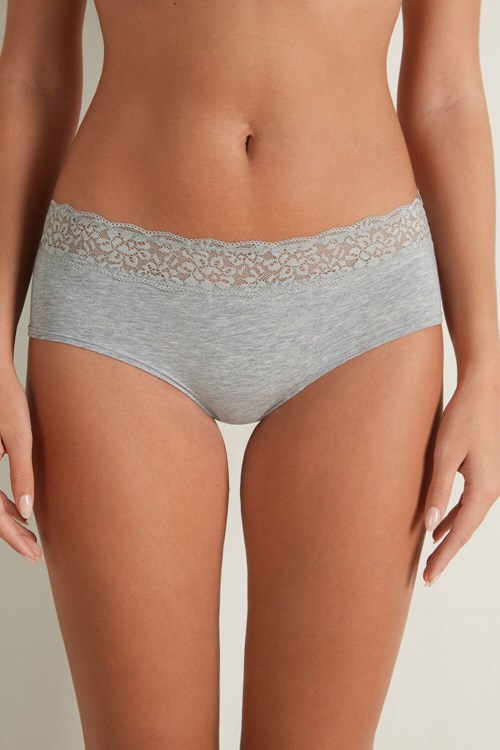 Grey Light Gray Heather 031 Tezenis Recycled Cotton and Lace Boyshorts | 498132-NAU