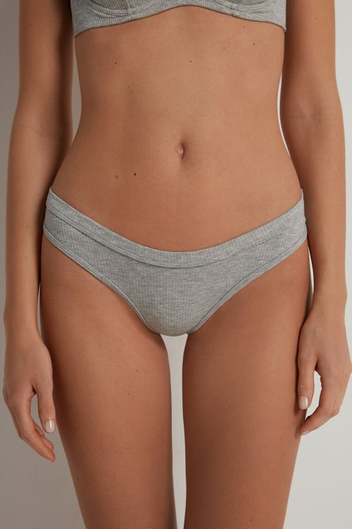 Grey Light Gray Heather 031 Tezenis Spring Rib High-Cut Cotton Brazilian Panties | 975034-HQF