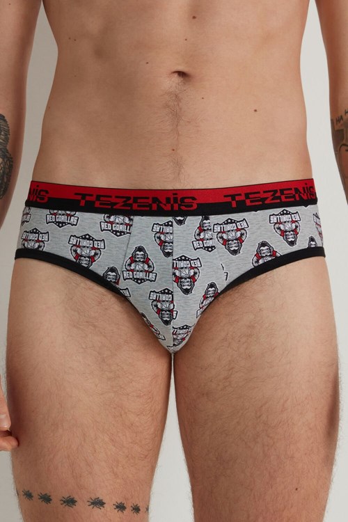 Grey Light Gray Heather Gorilla Print 422v Tezenis Printed Cotton Briefs with Logo Elastic Waistband | 061428-OEV