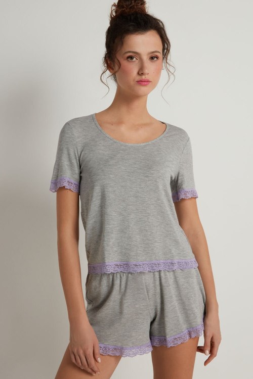 Grey Light Gray Heather/Soft Lilac 401v Tezenis Viscose and Lace Short Pajamas | 517802-XLG