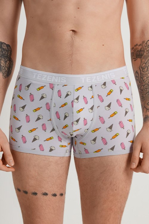 Grey Pearl Gray Ice Cream Print 540v Tezenis Printed Cotton Logo Boxers with Contrasting Trim | 803291-CGE