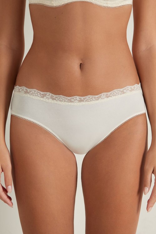 Ivory Ivory Cream 3106 Tezenis Cotton and Recycled Lace Scalloped Trim Panties | 935702-MKD