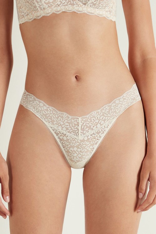 Ivory Ivory Cream 3106 Tezenis Recycled Lace High-Cut Thong | 362781-EYR