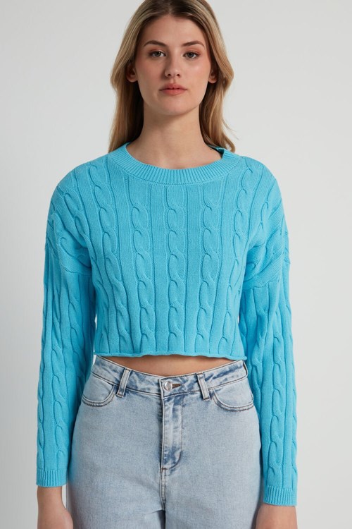 Light Blue Bright Blue 257v Tezenis Cropped Long-Sleeve Cable Knit Sweater in Fully-Fashioned Cotton | 247968-DXL