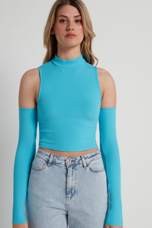 Light Blue Bright Blue 257v Tezenis Cropped Ribbed Tank Top with Sleeves | 701654-NFA