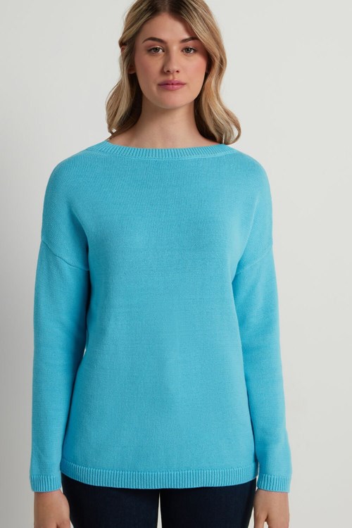 Light Blue Bright Blue 257v Tezenis Long Boat-Neck Sweater in Fully-Fashioned Cotton | 850124-GOA