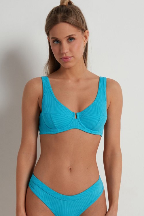 Light Blue Bright Blue 257v Tezenis Spring Rib Paris Cotton Balconette Bra | 732641-XSG