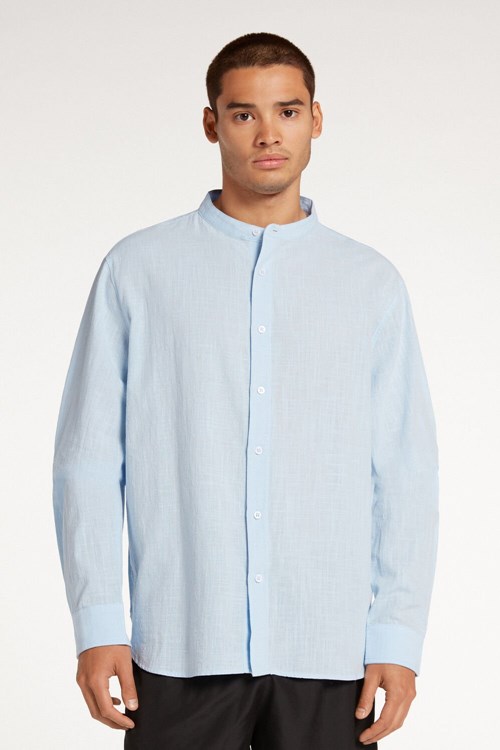 Light Blue Light Blue 504v Tezenis Long Sleeve Band Collar Men’s Shirt in Cotton Cloth | 165240-SLH