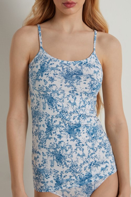 Light Blue Romantic Forest Print 597v Tezenis Round Neck Tank Top in Stretch Cotton | 325419-ZQB