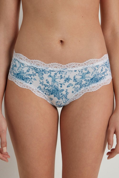 Light Blue Romantic Forest Print 597v Tezenis Printed Microfiber and Lace Hipster Brazilian | 510983-MNJ