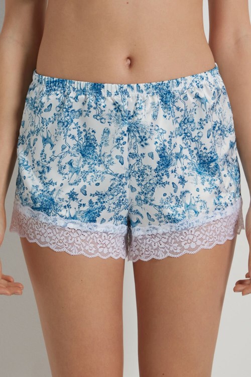 Light Blue Romantic Forest Print 597v Tezenis Satin and Lace Shorts | 831927-XBC