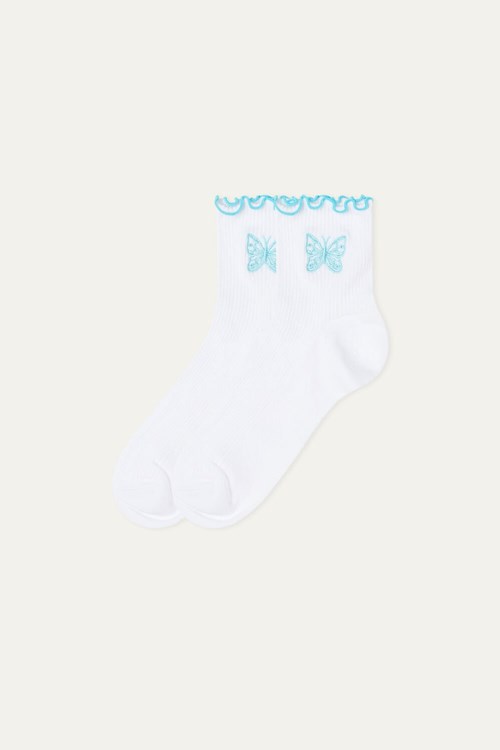 Light Blue White Butterfly Lettuce Trim 474v Tezenis Patterned Cotton Crew Socks | 825470-AFP