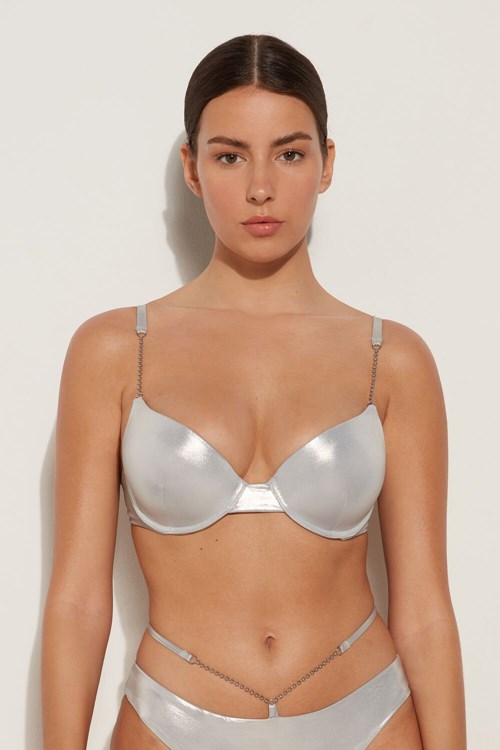 Metallic Silver 570v Tezenis Metallic Silver Padded Push-Up Bikini Top | 541809-KSJ