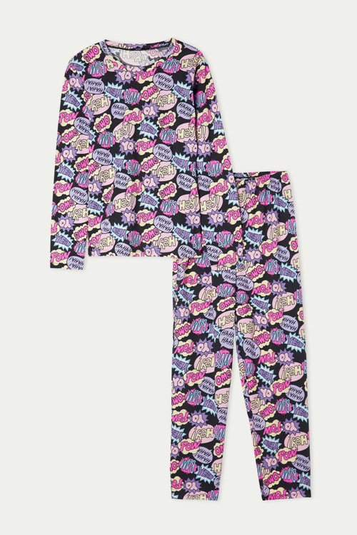 Multicolor Black Cartoon Print 373v Tezenis Full Length Cotton Comics Print Pajamas | 985732-MOT