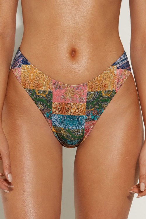 Multicolor Paisley Patch Print 748v Tezenis Chic Bamboo Rounded High-Cut Brazilian Bikini Bottoms | 574068-CEM