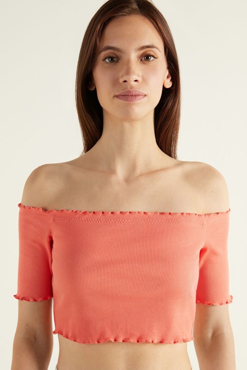 Orange Light Orange 815u Tezenis Half Sleeve Lettuce Leaf Trim Ribbed Crop Top | 451982-MSI