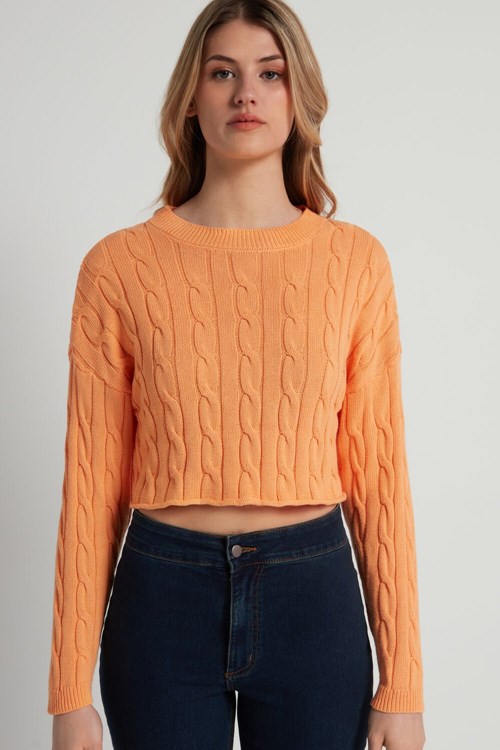 Orange Pastel Orange 253v Tezenis Cropped Long-Sleeve Cable Knit Sweater in Fully-Fashioned Cotton | 213589-AXO