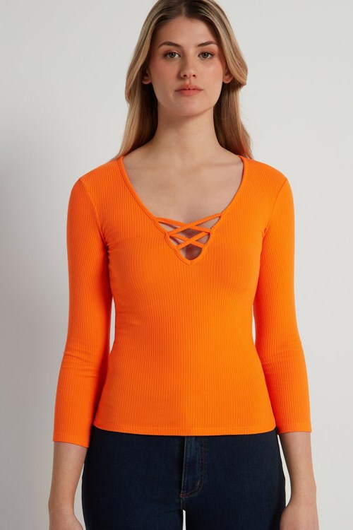 Orange Tangerine 322v Tezenis Long-Sleeve Ribbed V-Neck Sweater with Criss-Cross Detail | 268140-STZ