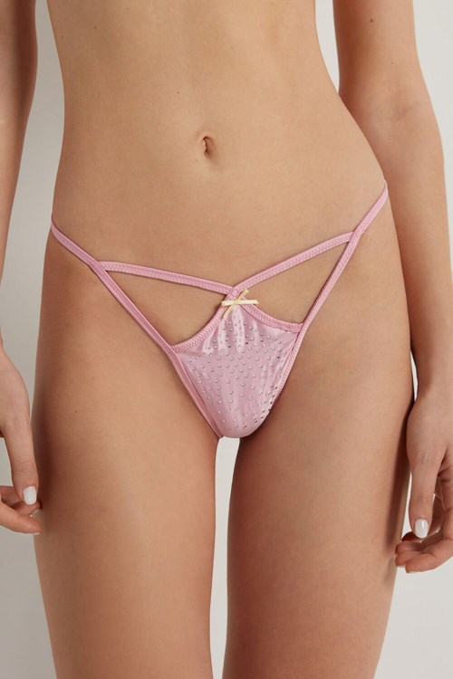 Pale Pink Baby Pink 279v Tezenis Creamy Satin String Thong with Rhinestones | 294580-WRL