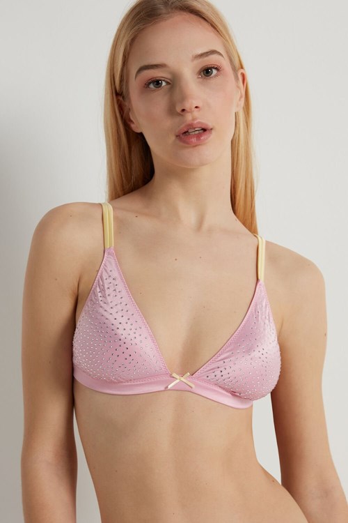 Pale Pink Baby Pink 279v Tezenis Creamy Satin Triangle Bra with Rhinestones | 495012-QRN