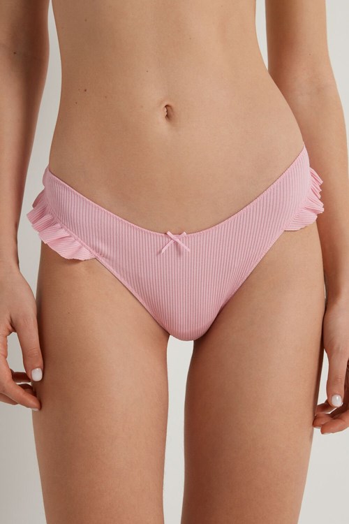 Pale Pink Baby Pink 279v Tezenis High-Cut Ribbed Cotton Brazilian Panties with Ruffles | 849726-OPN