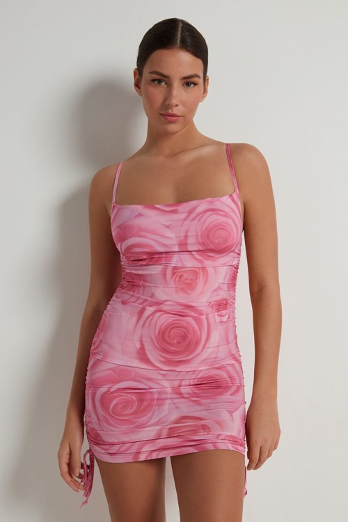 Pink Big Romantic Rose Print 326v Tezenis Sleeveless Dress with Drawstrings | 743819-QSL