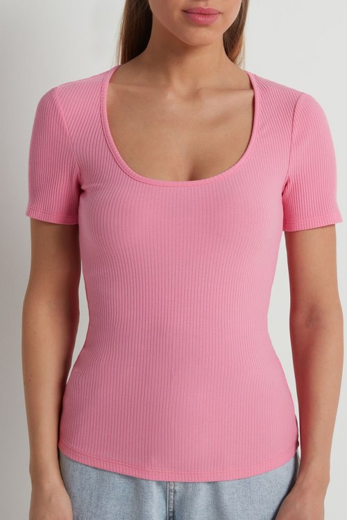 Pink Bright Pink 282v Tezenis Basic Rib Cotton Scoop Neck T-shirt | 263759-VBD