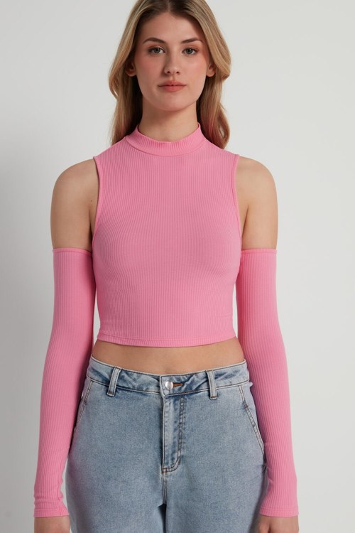 Pink Bright Pink 282v Tezenis Cropped Ribbed Tank Top with Sleeves | 324081-ZXS