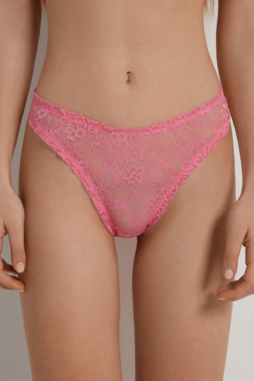 Pink Bright Pink 282v Tezenis High-Cut Gathered Lace Brazilian Panties | 296570-WPH