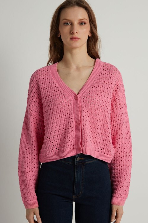 Pink Bright Pink 282v Tezenis Perforated Fully-Fashioned Short Cotton Cardigan | 340179-YHT