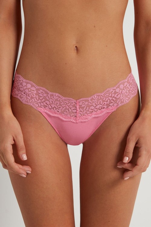 Pink Bright Pink 282v Tezenis Recycled Cotton and Lace Brazilian Panties | 856430-TXD