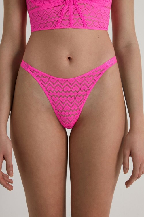 Pink Neon Pink 281v Tezenis Lovely Lace High-Cut String Brazilian Panties | 026473-UTQ