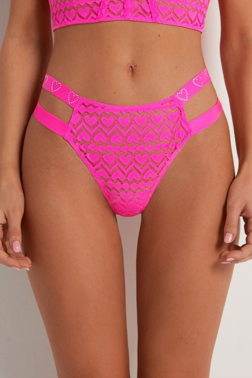 Pink Neon Pink 281v Tezenis Lovely Lace High-Waist String Thong | 851290-KNL