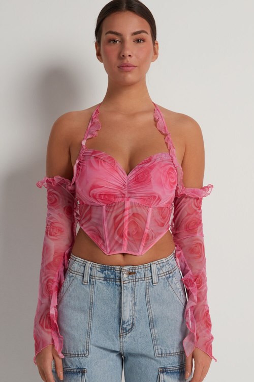 Pink Romantic Rose Print 299v Tezenis Romantic Roses Bandeau Bra Top | 830419-ISZ