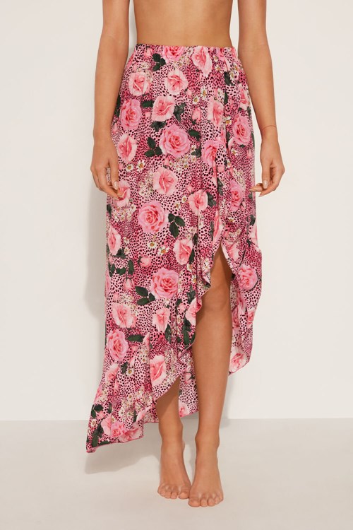 Pink Wild Rose Print 617v Tezenis Long Viscose Fabric Skirt with Ruffle and Slit | 241968-CON