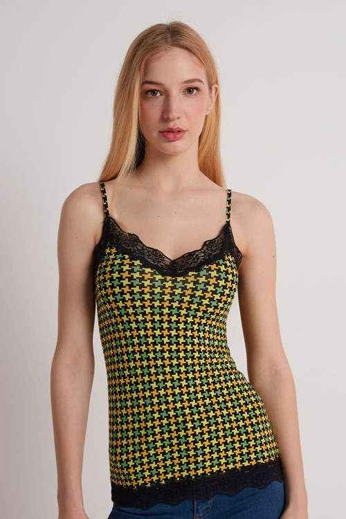 Print Black Houndstooth Print 552v Tezenis V Neck Tank Top with Lace Insert | 420157-KDE