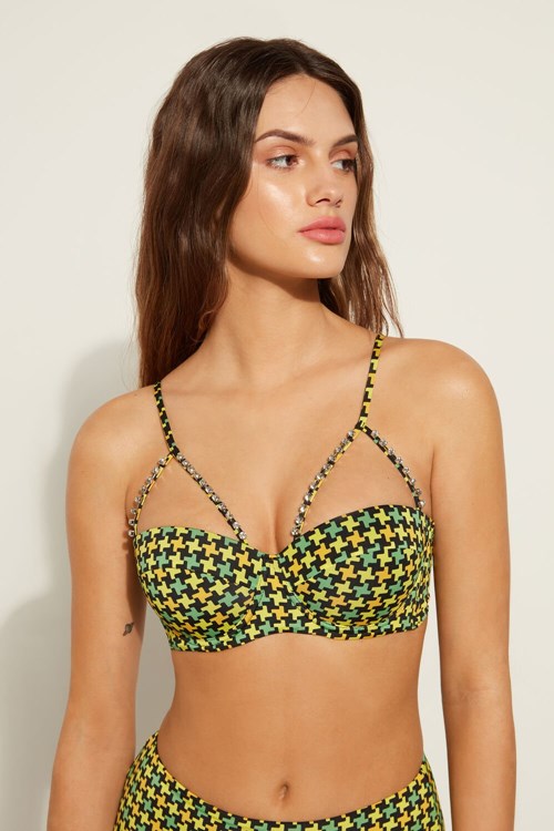 Print Black Houndstooth Print 552v Tezenis Houndstooth Padded Bandeau Bikini Top | 974108-PJM