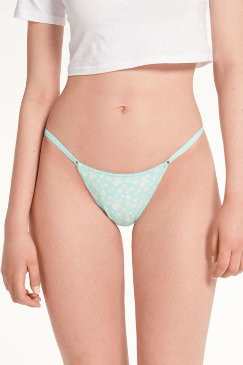 Print Light Blue Daisy Print 640v Tezenis High-Waisted Printed Cotton Brazilian String Panties | 729138-LEW