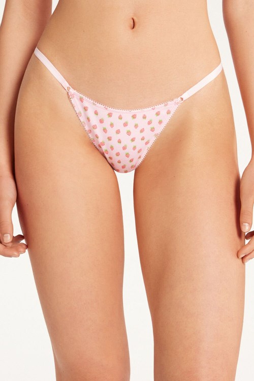 Print Pink Strawberry Print 641v Tezenis High-Waisted Printed Cotton Brazilian String Panties | 309174-AYT