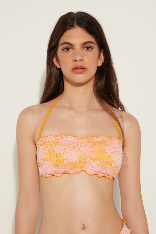 Print Sun Yellow/Lace Pink 699v Tezenis Blush Lace Removable Padding Bandeau Bikini Top | 753162-PBT