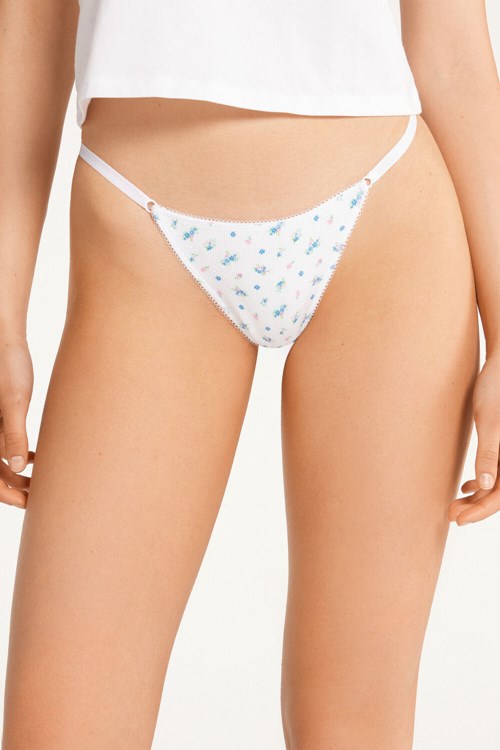 Print White Little Flowers Print 639v Tezenis High-Waisted Printed Cotton Brazilian String Panties | 351846-OJQ