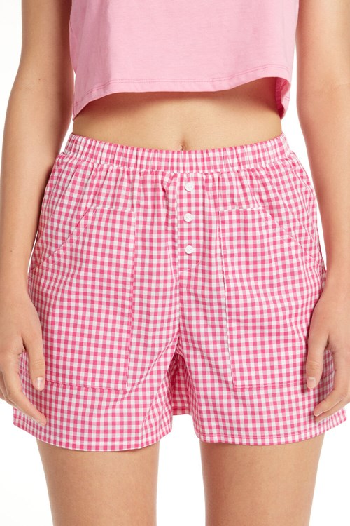 Red Fuchsia Gingham Print 612v Tezenis Cotton Fabric Shorts with Pockets | 302546-XGI