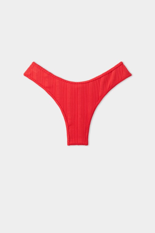 Red New Red 567v Tezenis Red Ribbed Recycled Microfiber High-Cut Brazilian Panties | 087152-IYB