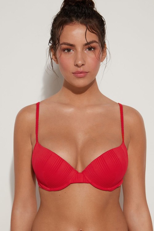 Red New Red 567v Tezenis Ribbed Recycled Microfiber Padded Push-Up Bikini Top | 047856-ARD