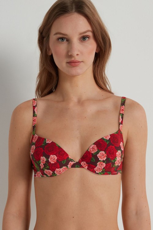 Red Rose Print 300v Tezenis Athens Push-Up Bra in Microfiber | 103675-ZHE