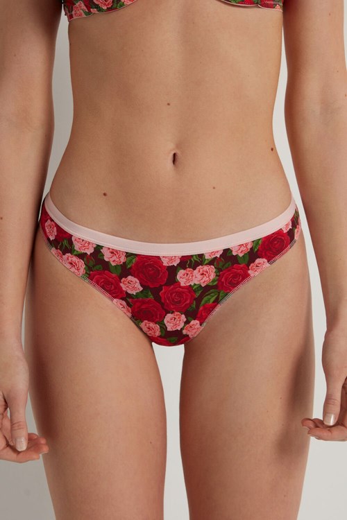 Red Rose Print 300v Tezenis Printed Cotton Brazilian Brief | 846712-FJM