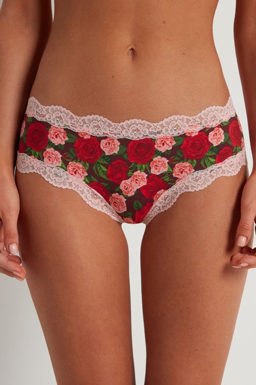 Red Rose Print 300v Tezenis Printed Microfiber and Lace Hipster Brazilian | 394601-COG